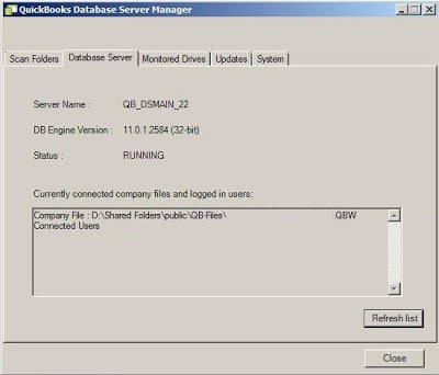 QuickBooks Database Server Manager Database Server tab showing real-time status and connection details