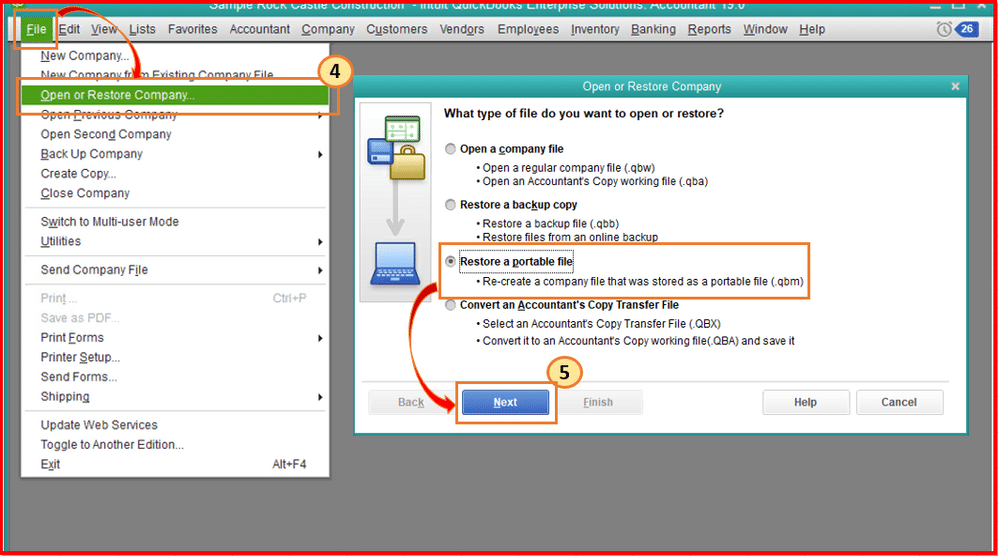 QuickBooks window showing the option to open and restore a portable company file QBM format