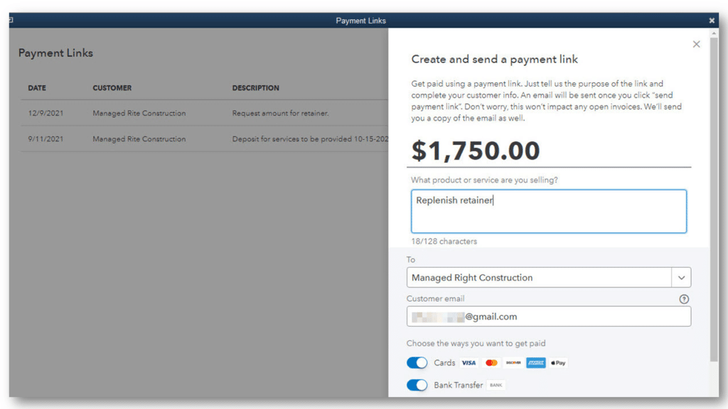 QuickBooks Desktop 2023 interface displaying the Payment Links feature for sending and tracking customer payment requests.